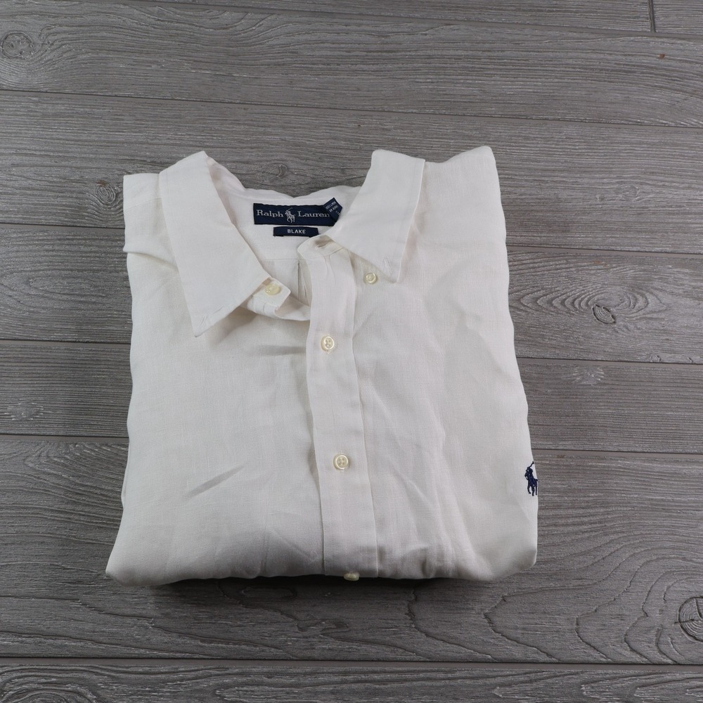 Ralph Lauren 100% Linen White Shirt Men's Size 3XLT Navy Pony Logo Long Sleeve